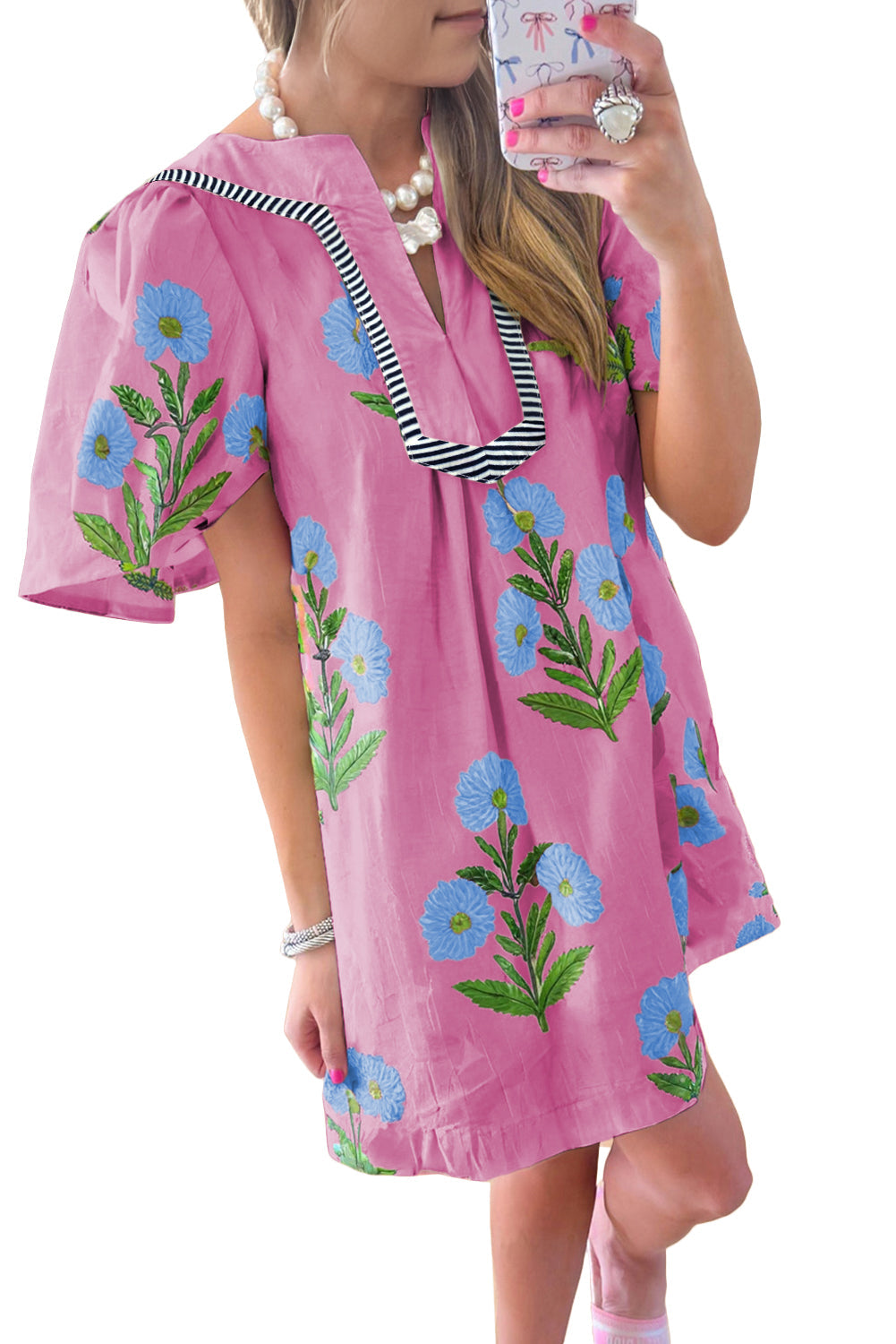 Floral Split Neck Mini Dress