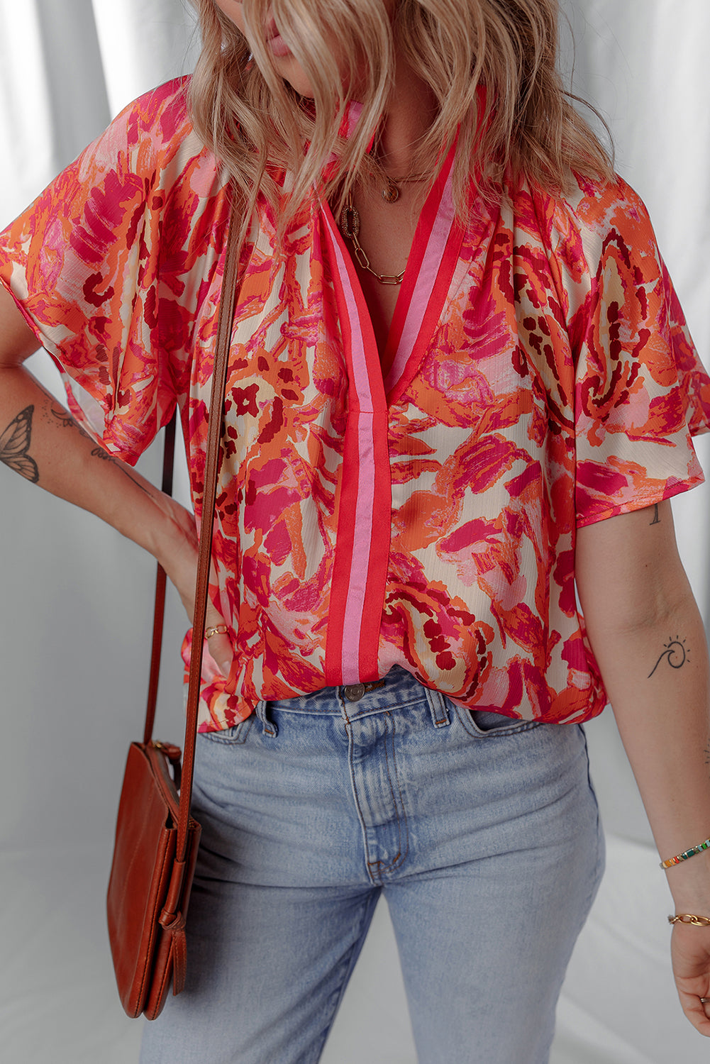 Abstract Stripe Trim Split Neck Blouse