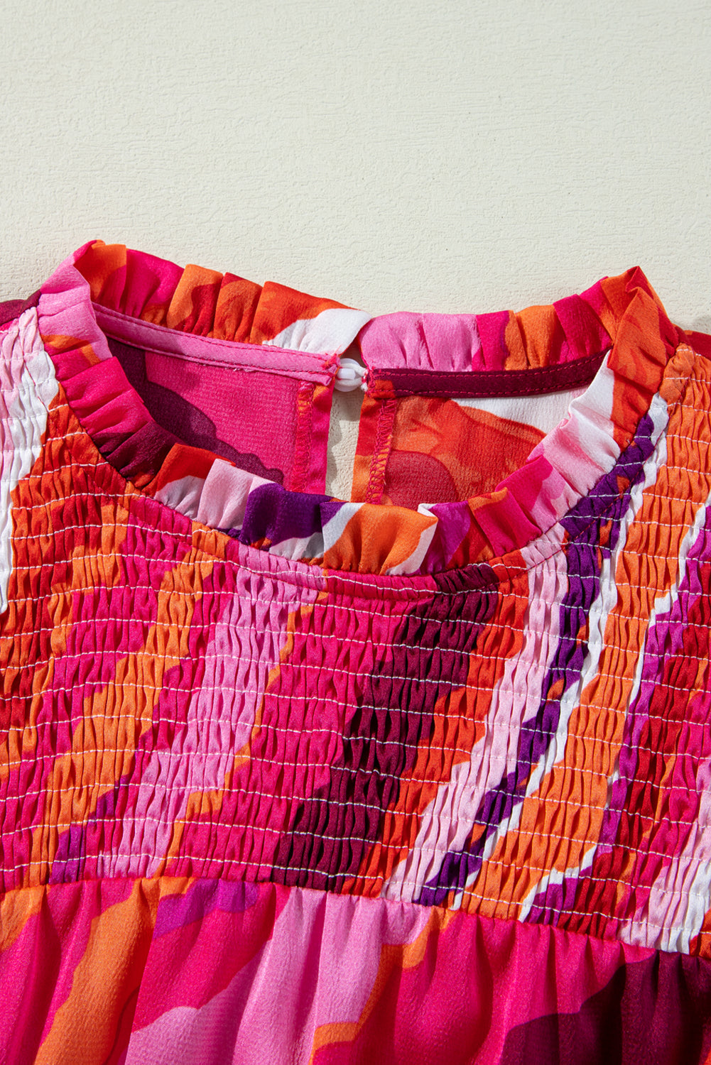 Abstract Shirred Ruffle Sleeve Blouse