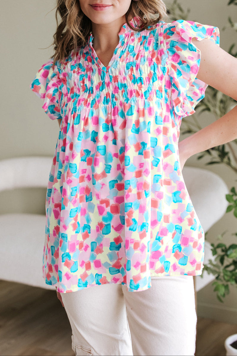 Abstract Shirred Ruffle Sleeve Blouse