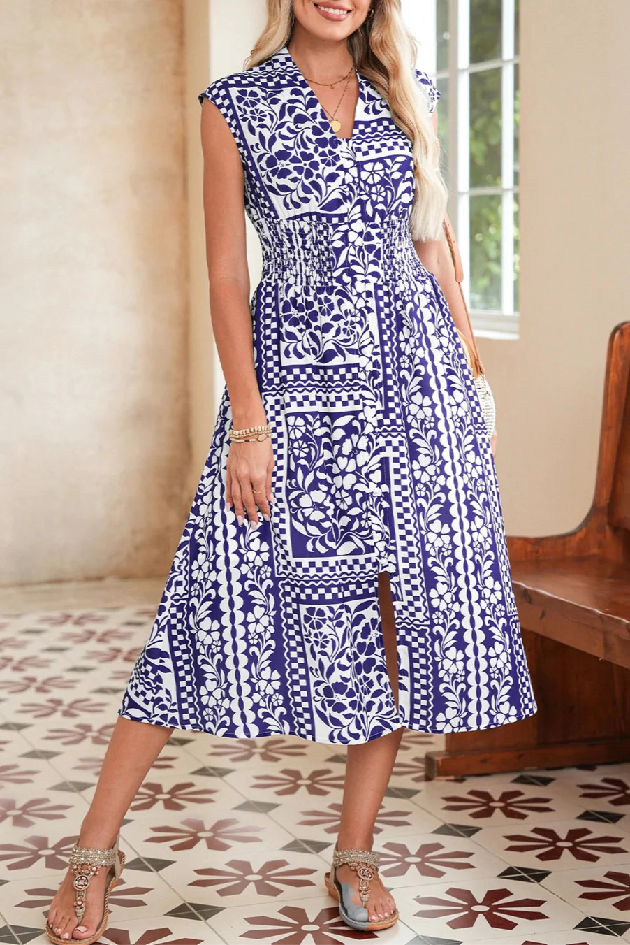 Floral Smocked Waist Sleeveless Midi Dress