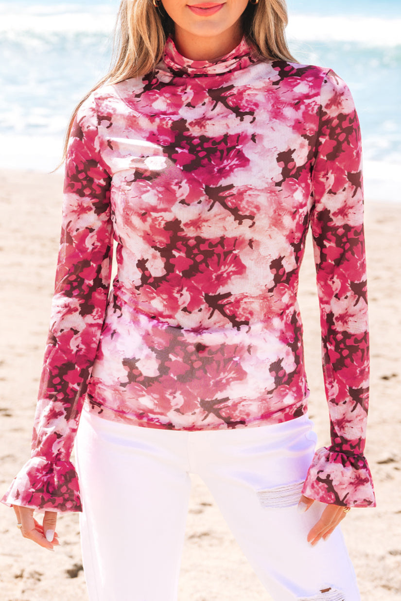 Floral Mesh Mock Neck Blouse