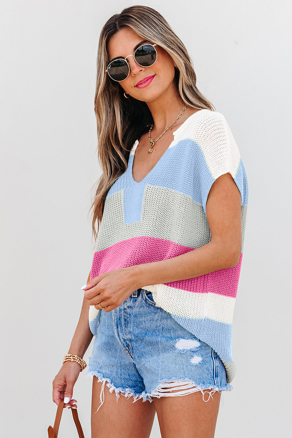 Colorblock Notched V-Neck Sweater T-Shirt