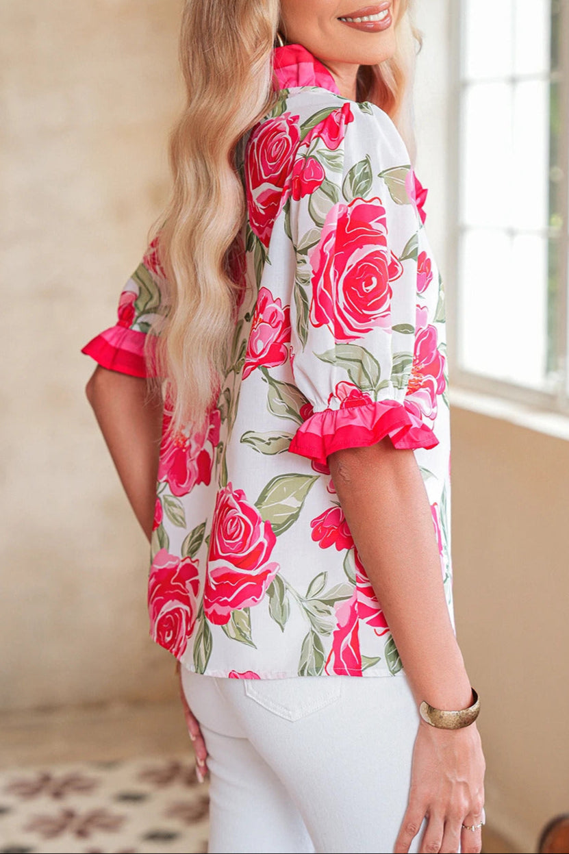Floral Contrast Frilled V-Neck Blouse