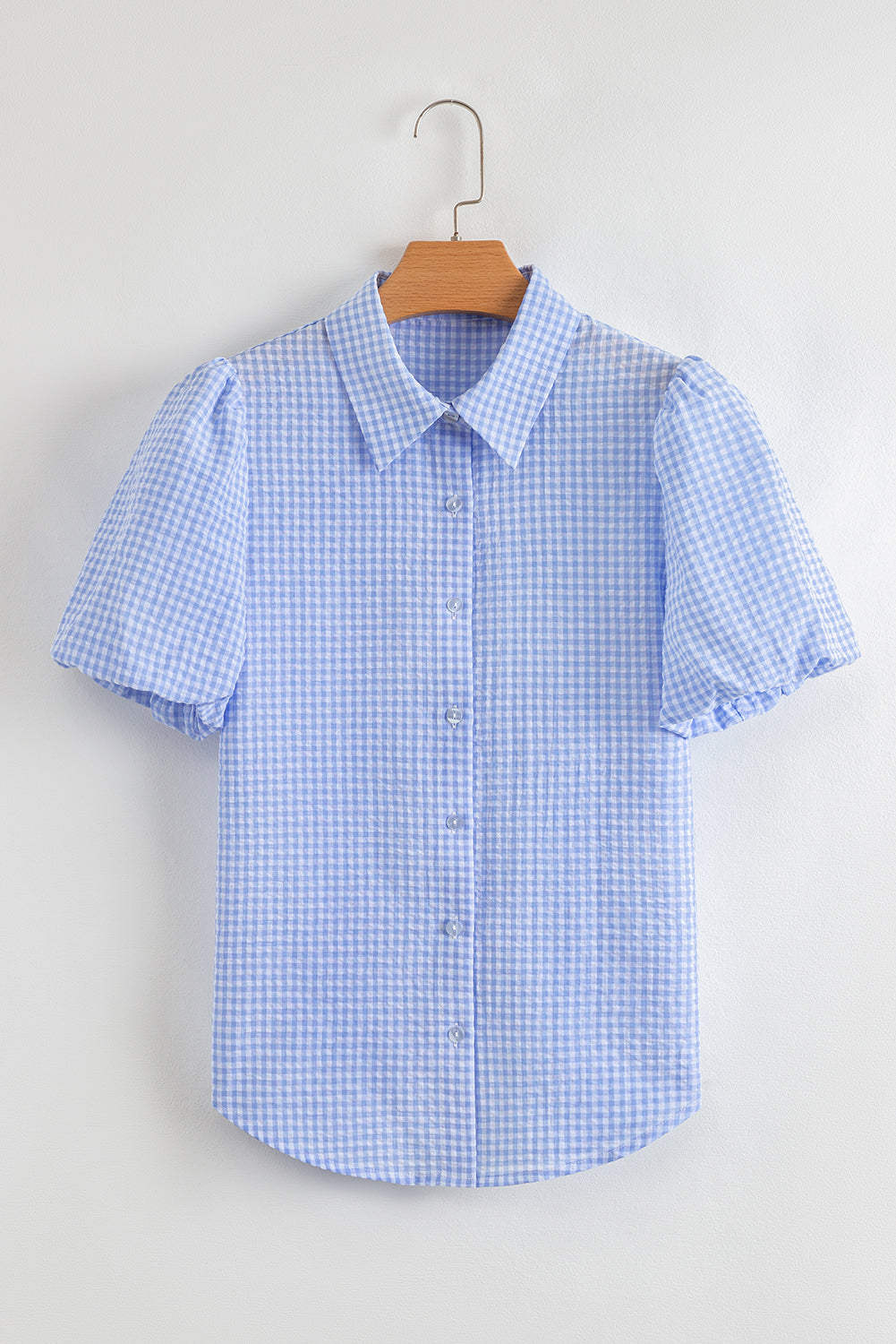 Gingham Puff Sleeve Buttoned Shirt