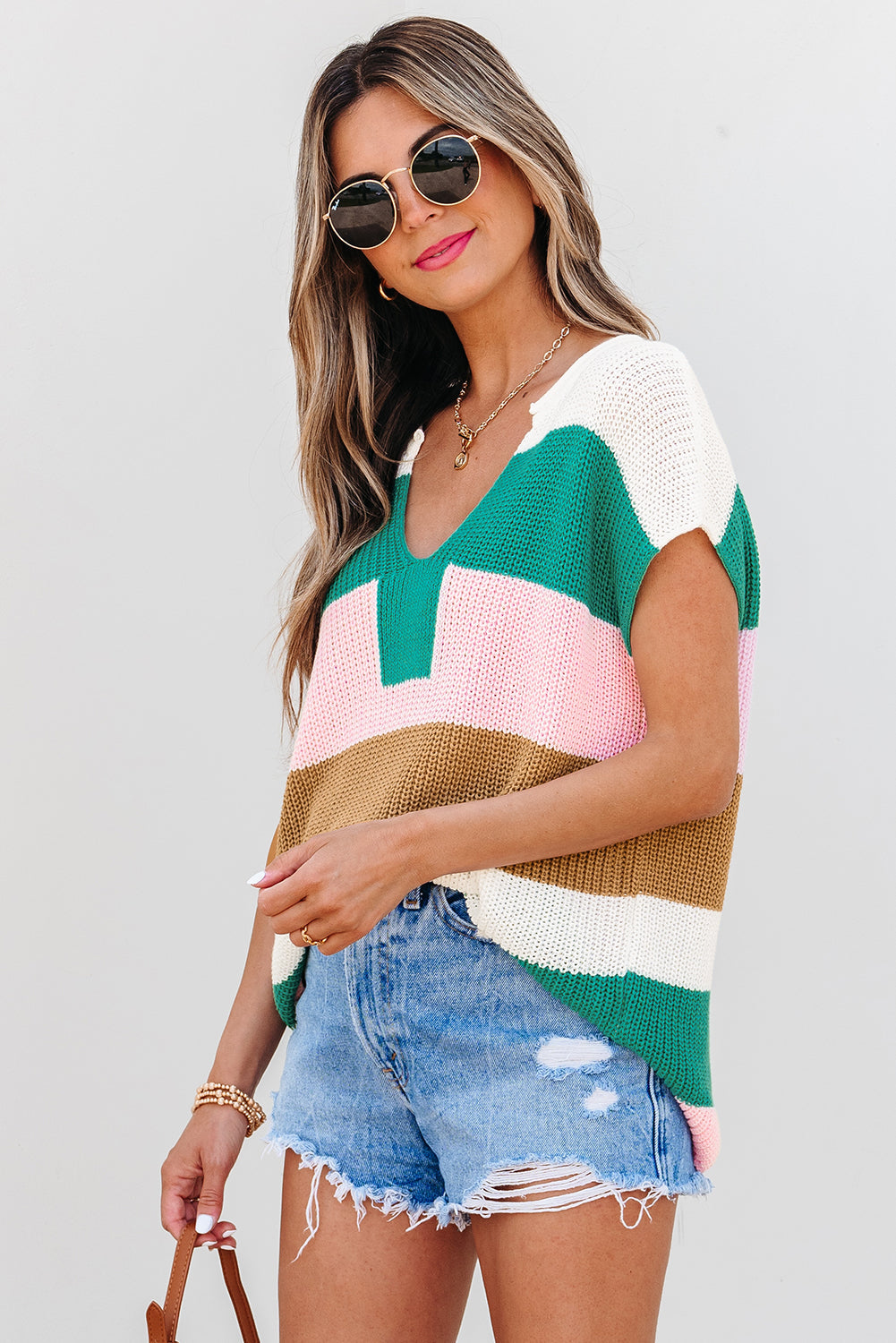 Colorblock Notched V-Neck Sweater T-Shirt