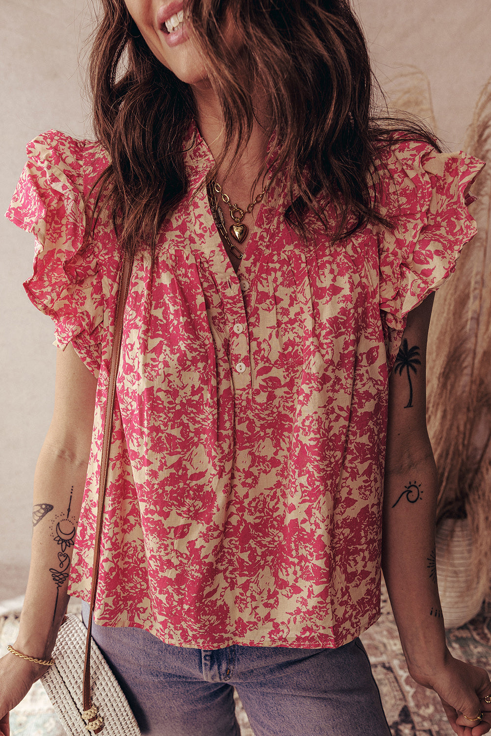 Boho Ruffle Sleeve Buttoned Blouse