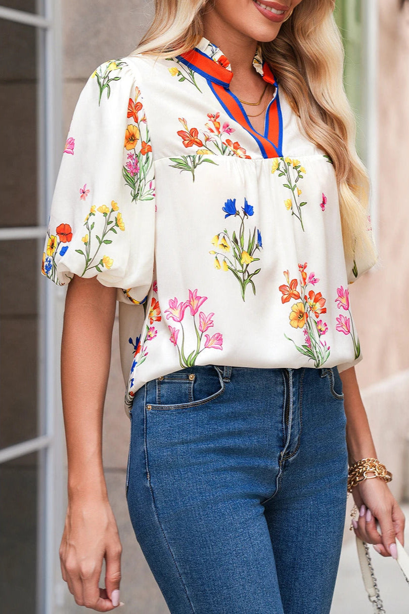 Floral Contrast Puff Sleeve Blouse