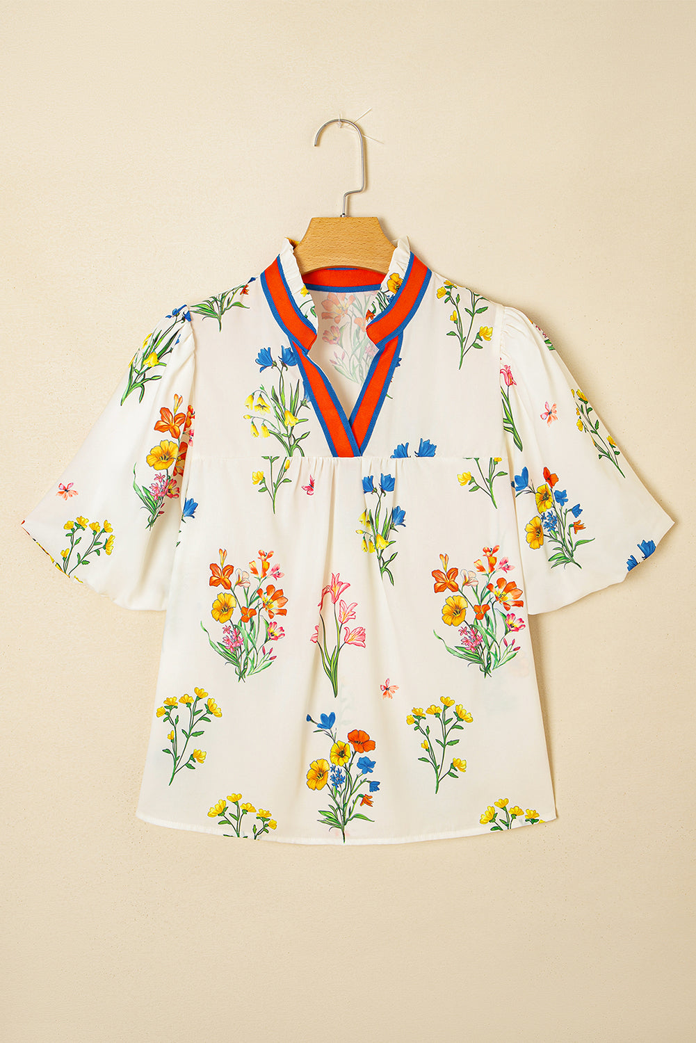 Floral Contrast Puff Sleeve Blouse