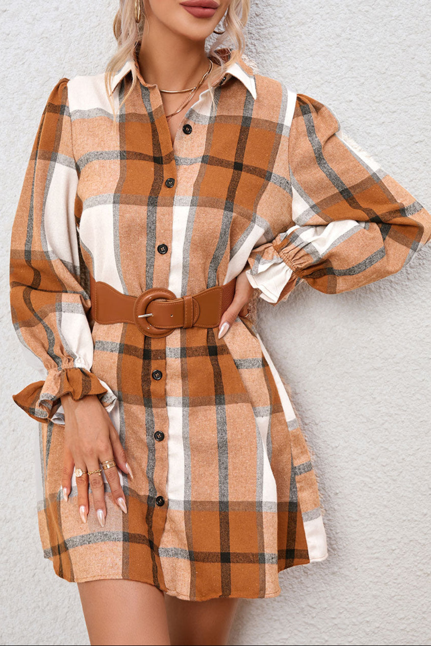 Plaid Ruffle Sleeve Shirt Dress