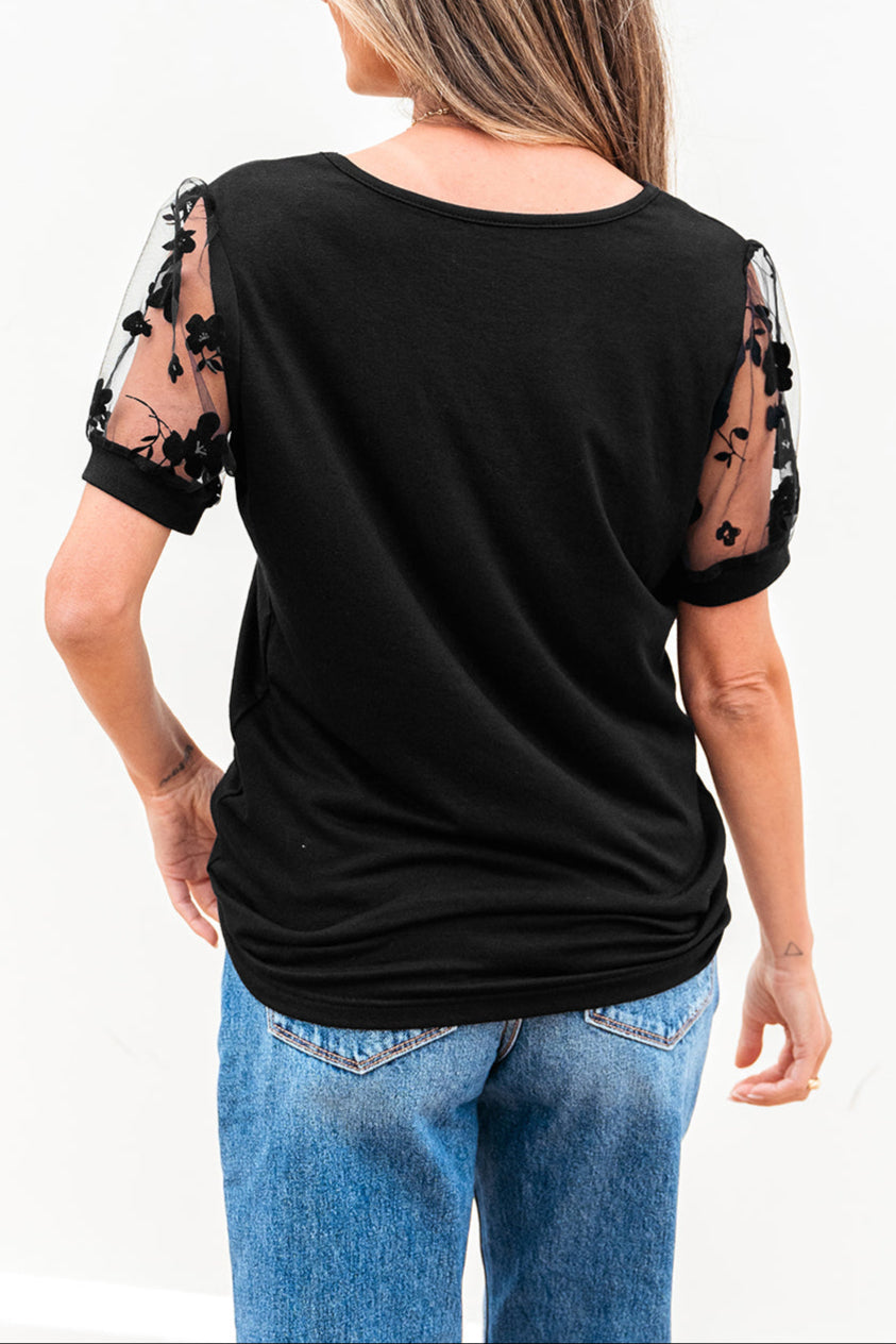 Floral Mesh Patchwork Puff Sleeve T-Shirt