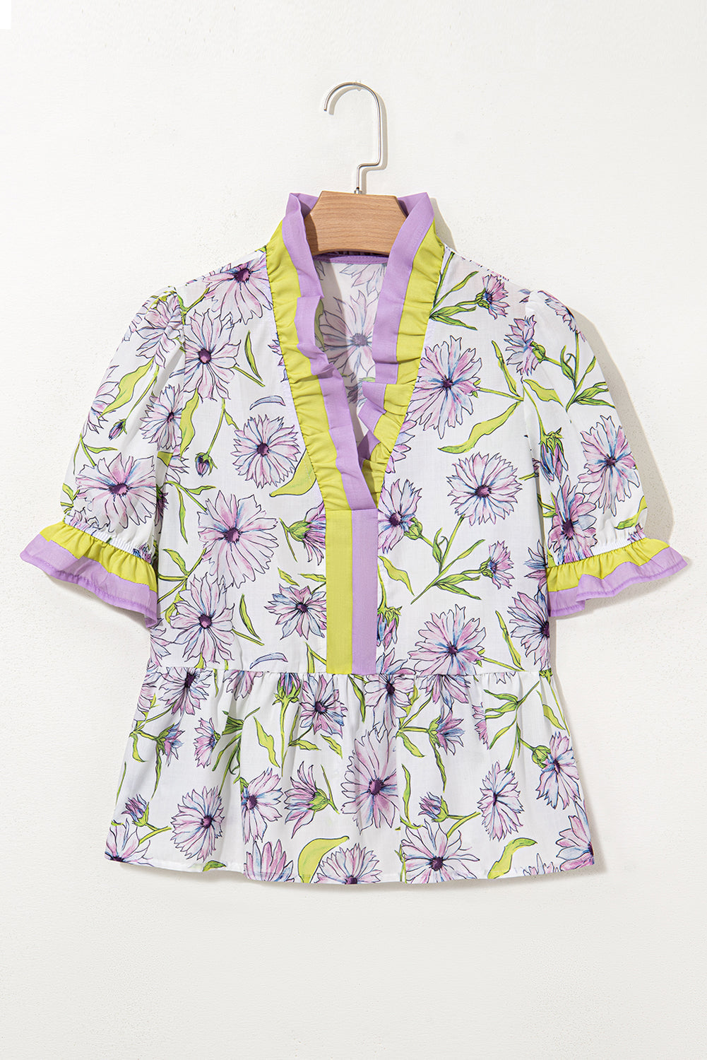 Floral Stripe Short Sleeve Peplum Blouse