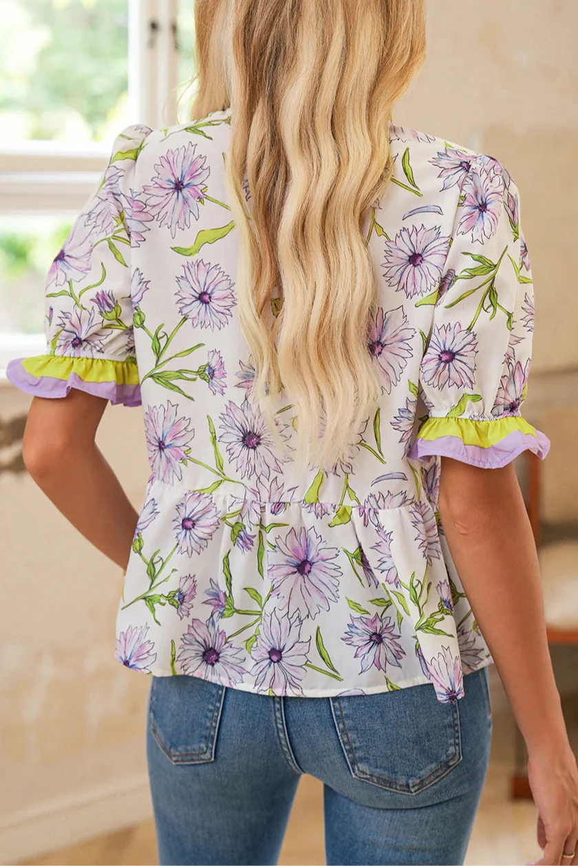 Floral Stripe Short Sleeve Peplum Blouse