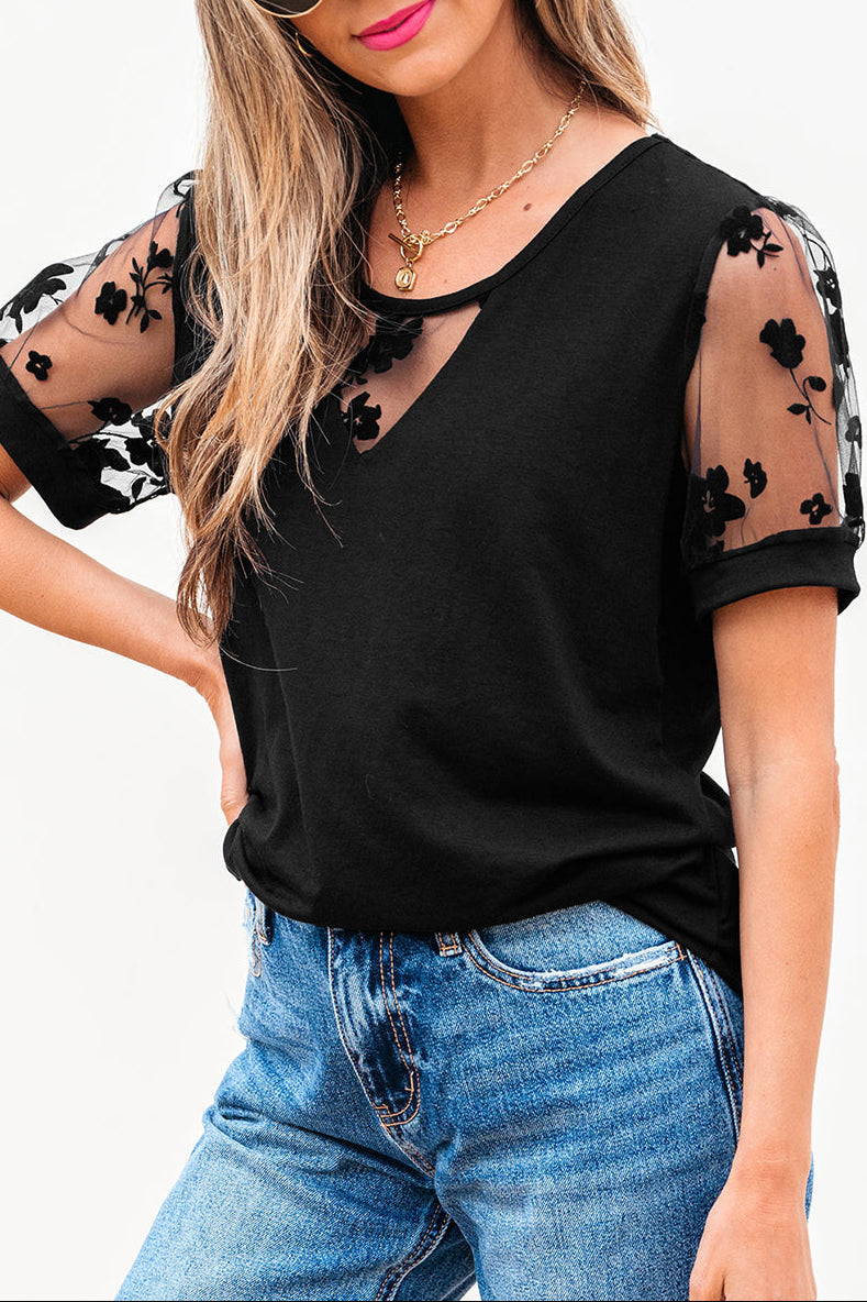 Floral Mesh Patchwork Puff Sleeve T-Shirt