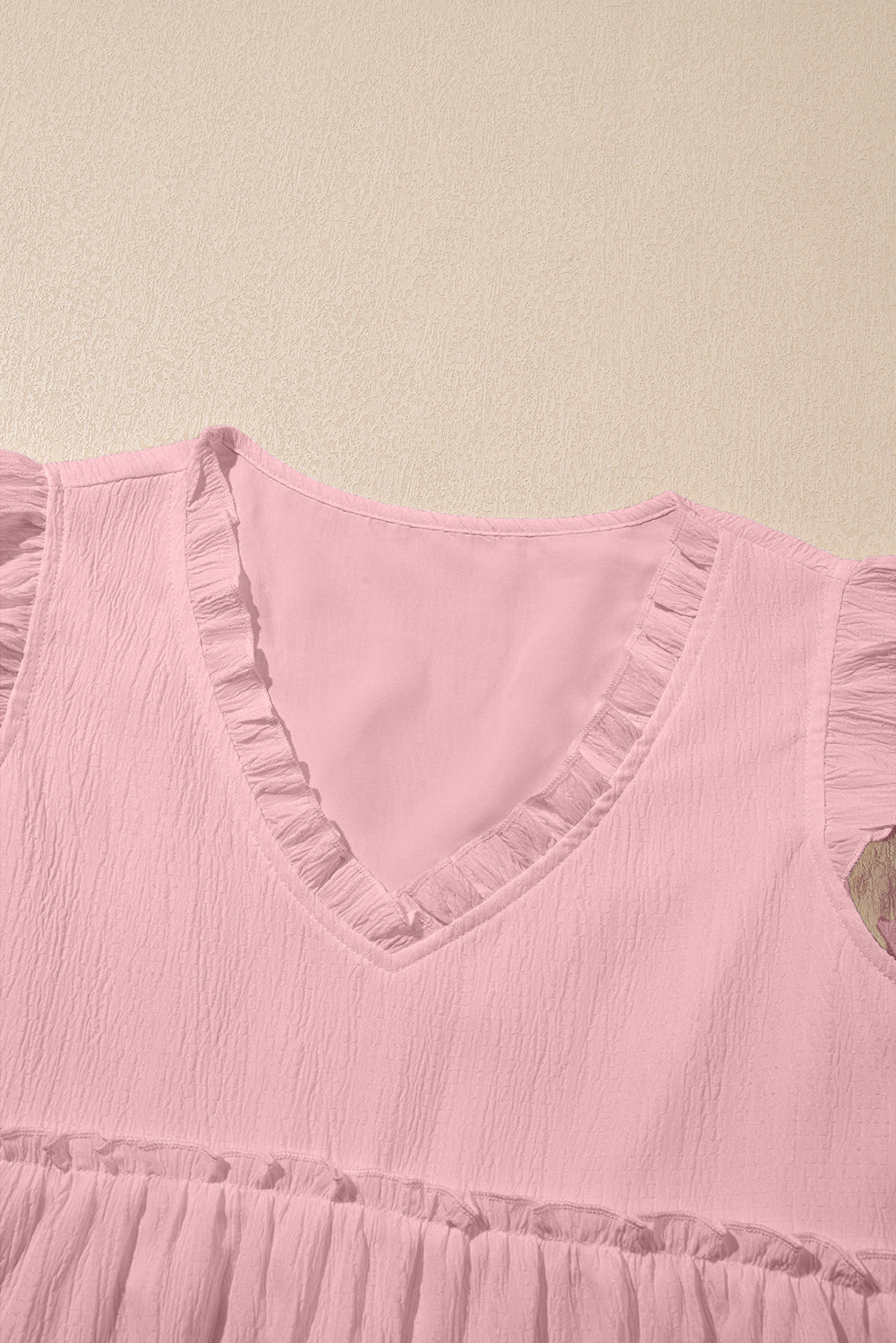 Textured Ruffle Trim V-Neck Top