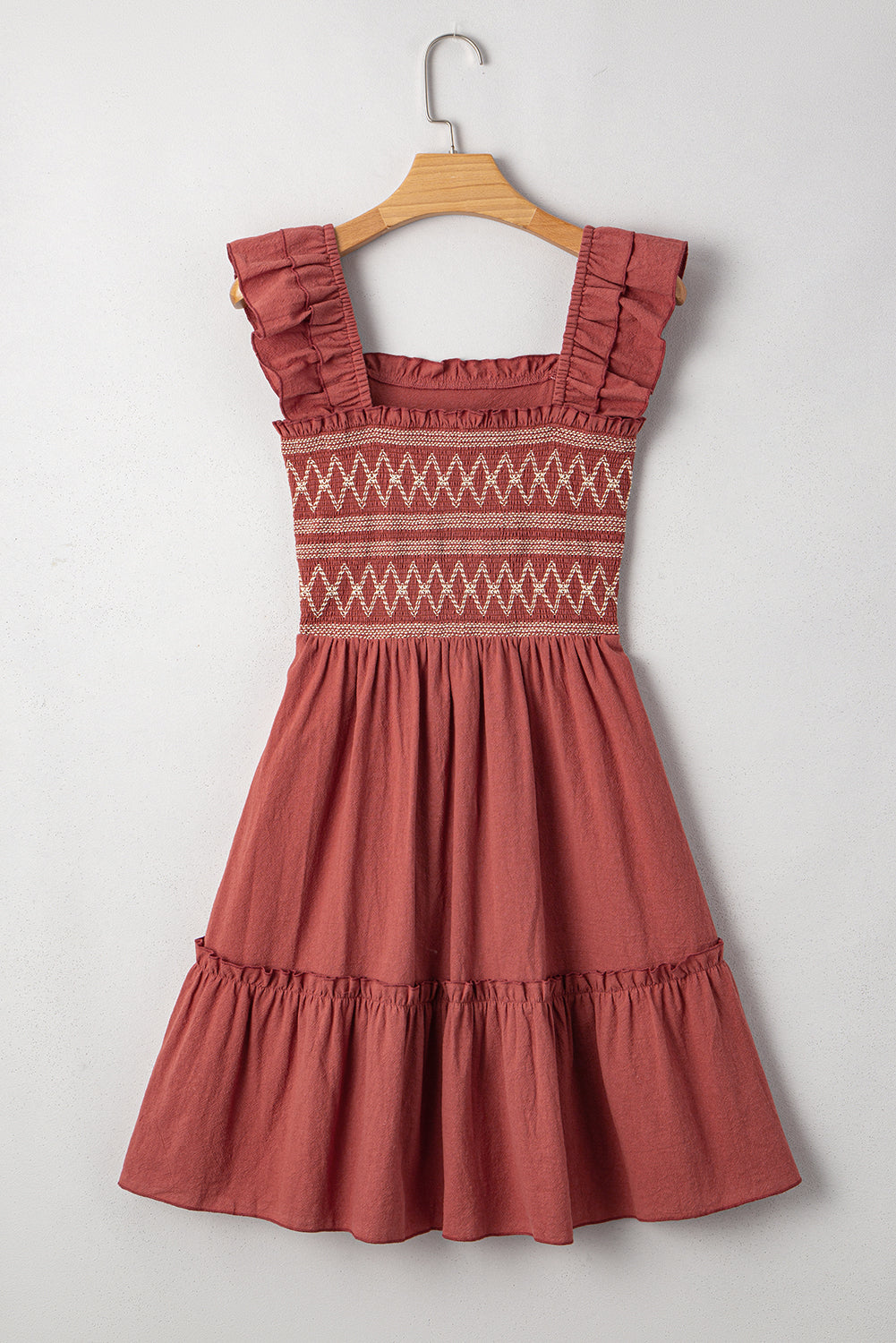 Geometric Embroidered Ruffle Mini Dress