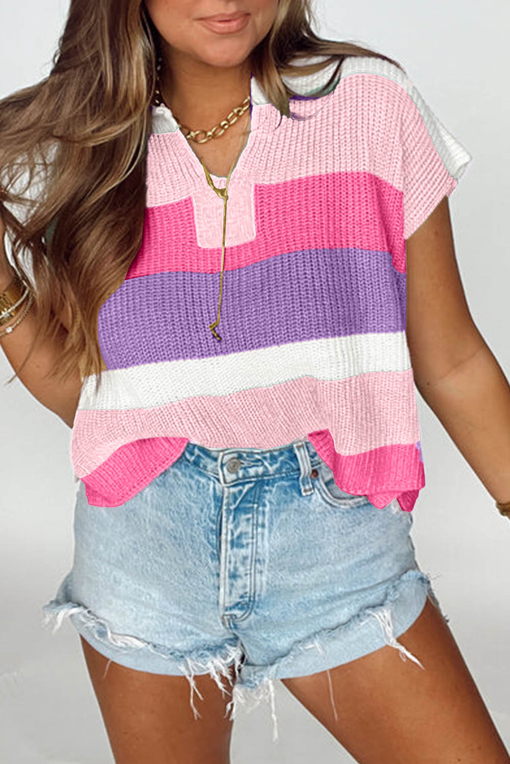 Colorblock Notched V-Neck Sweater T-Shirt