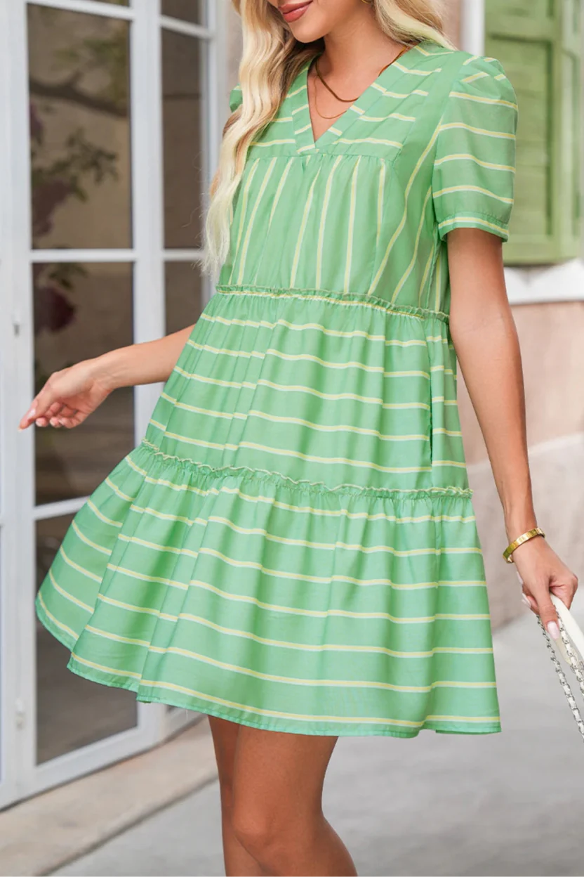 Stripe V-Neck Ruffle Tiered Dress