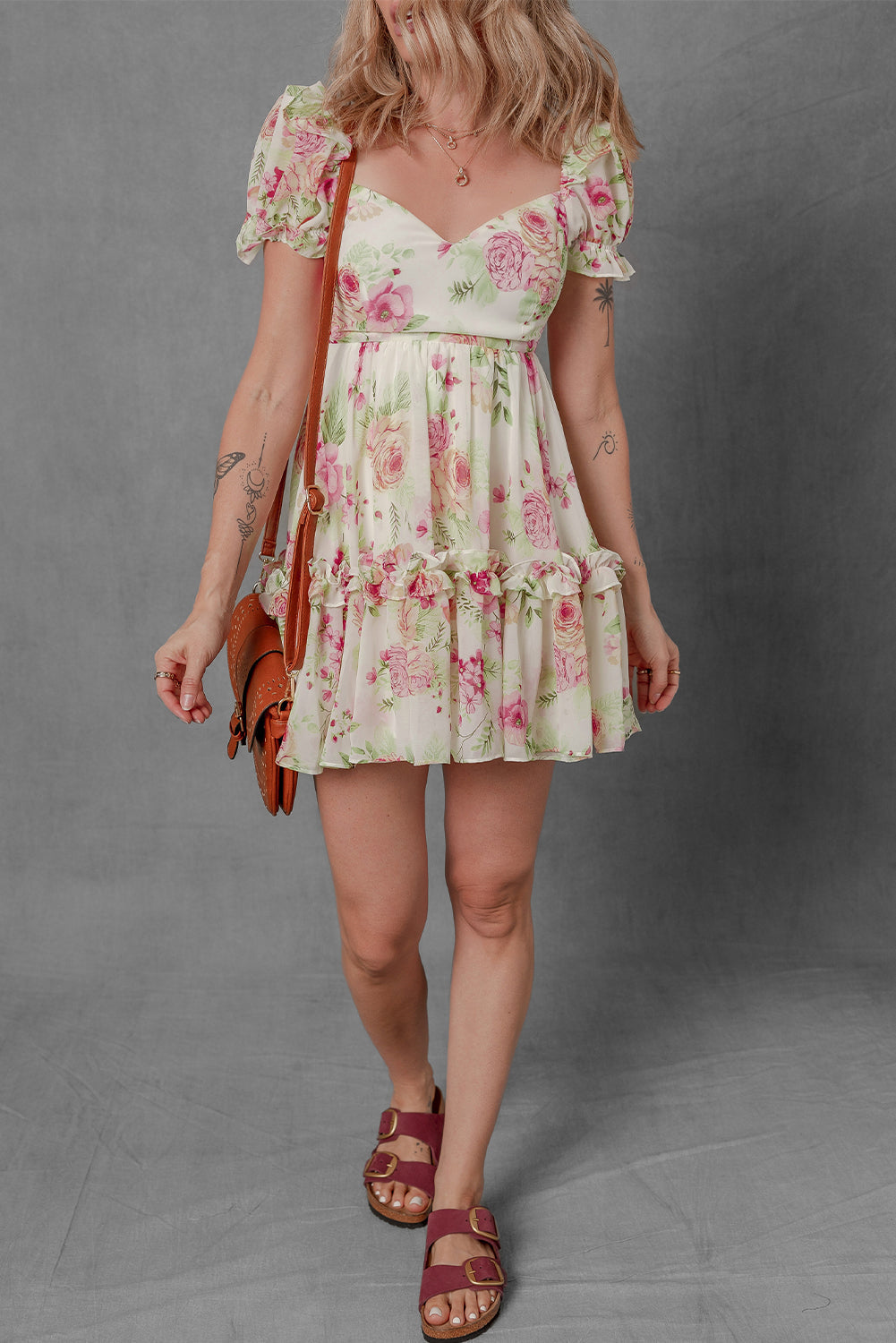 Floral Ruffle Sweetheart Mini Dress