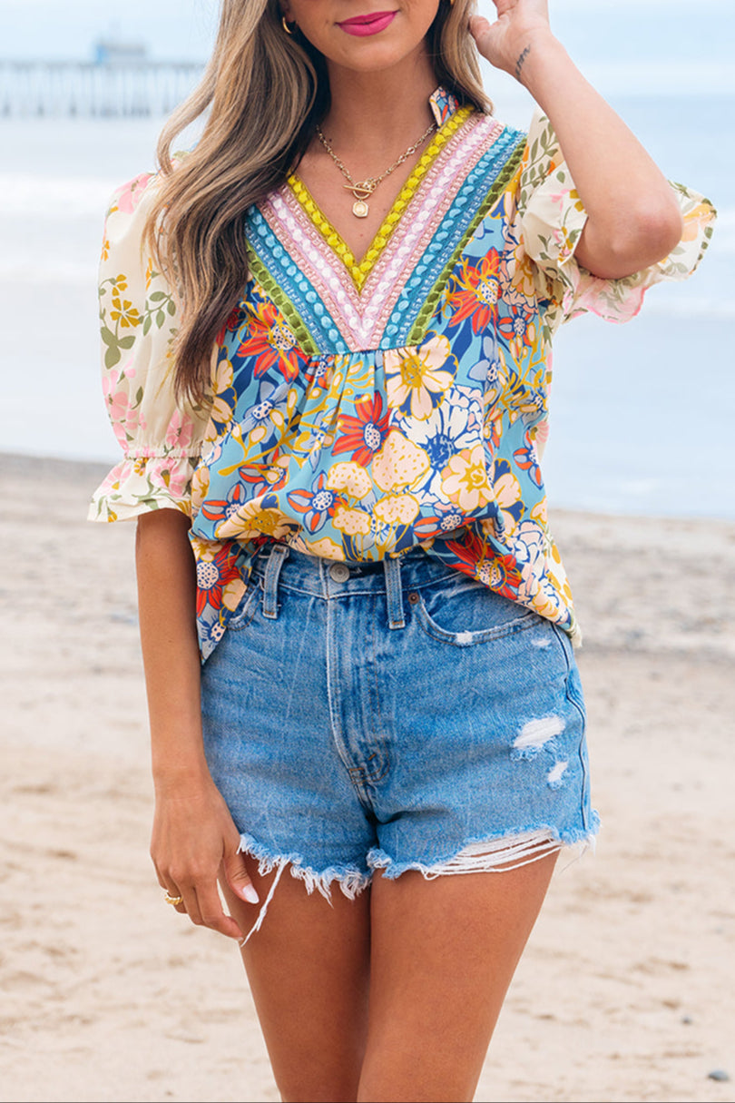Boho Floral Crochet V-Neck Blouse