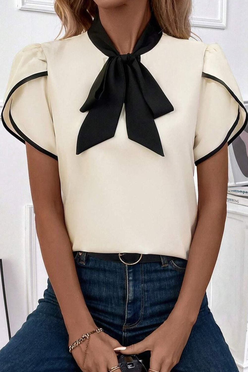 Stripe Contrast Bow Neckline Blouse