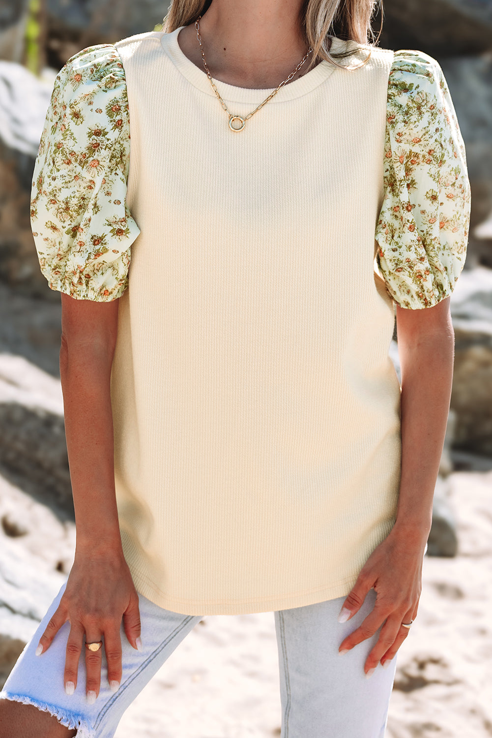 Floral Patchwork Bubble Sleeve Top