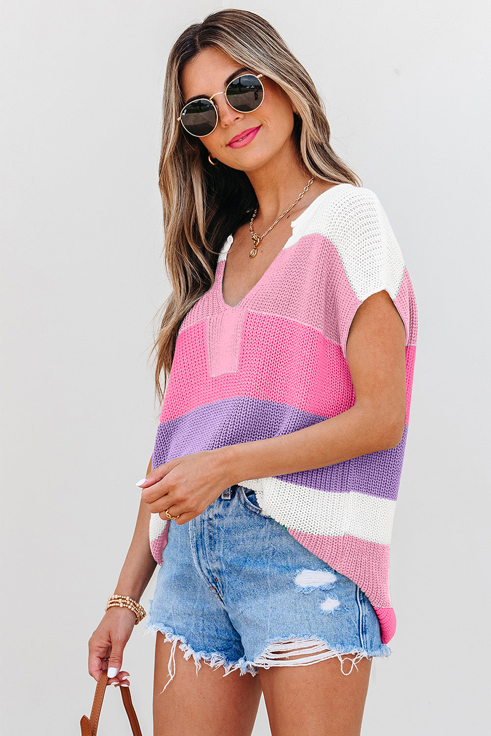 Colorblock Notched V-Neck Sweater T-Shirt