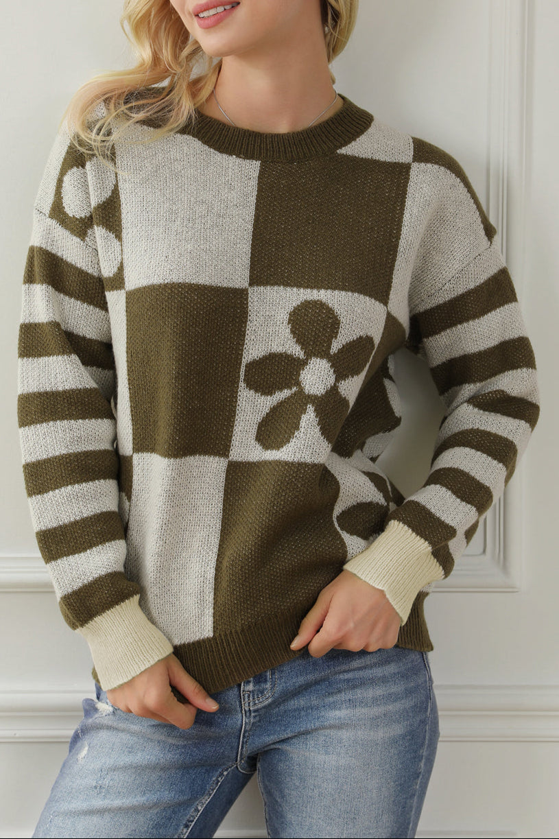 Checker Floral Stripe Patchwork Sweater