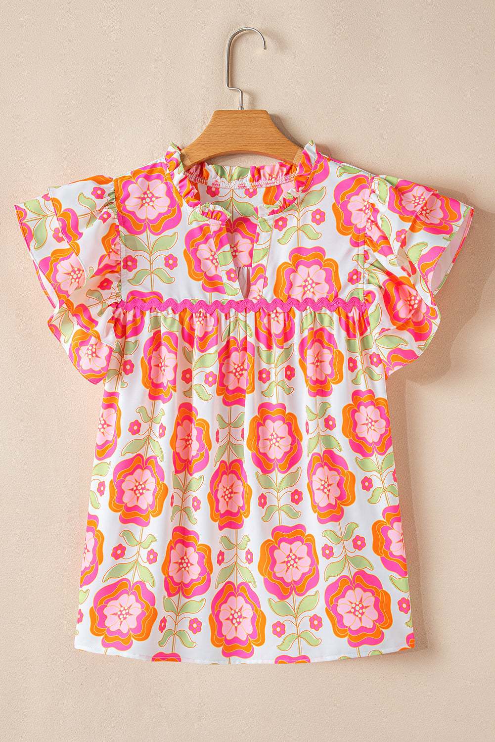 Floral Ric-Rac Ruffle Sleeve Blouse