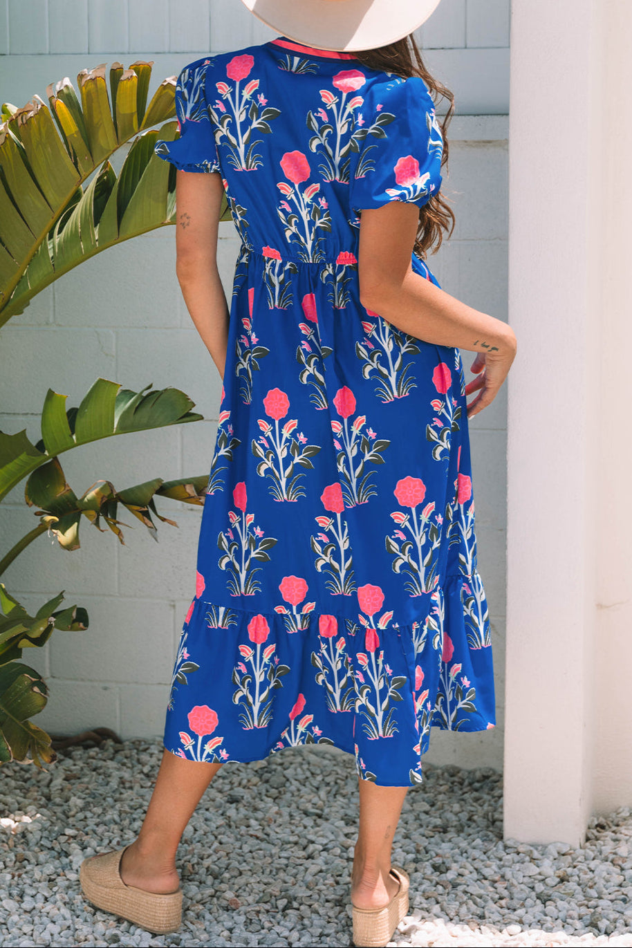 Floral Puff Sleeve V-Neck Midi Dress