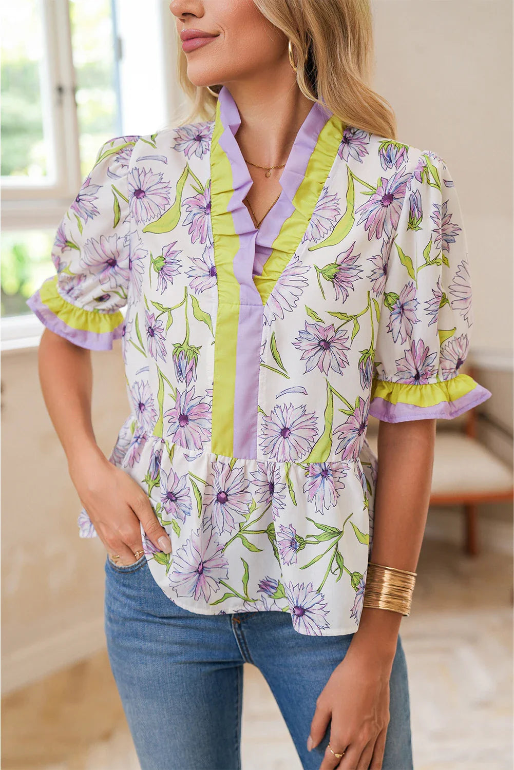 Floral Stripe Short Sleeve Peplum Blouse