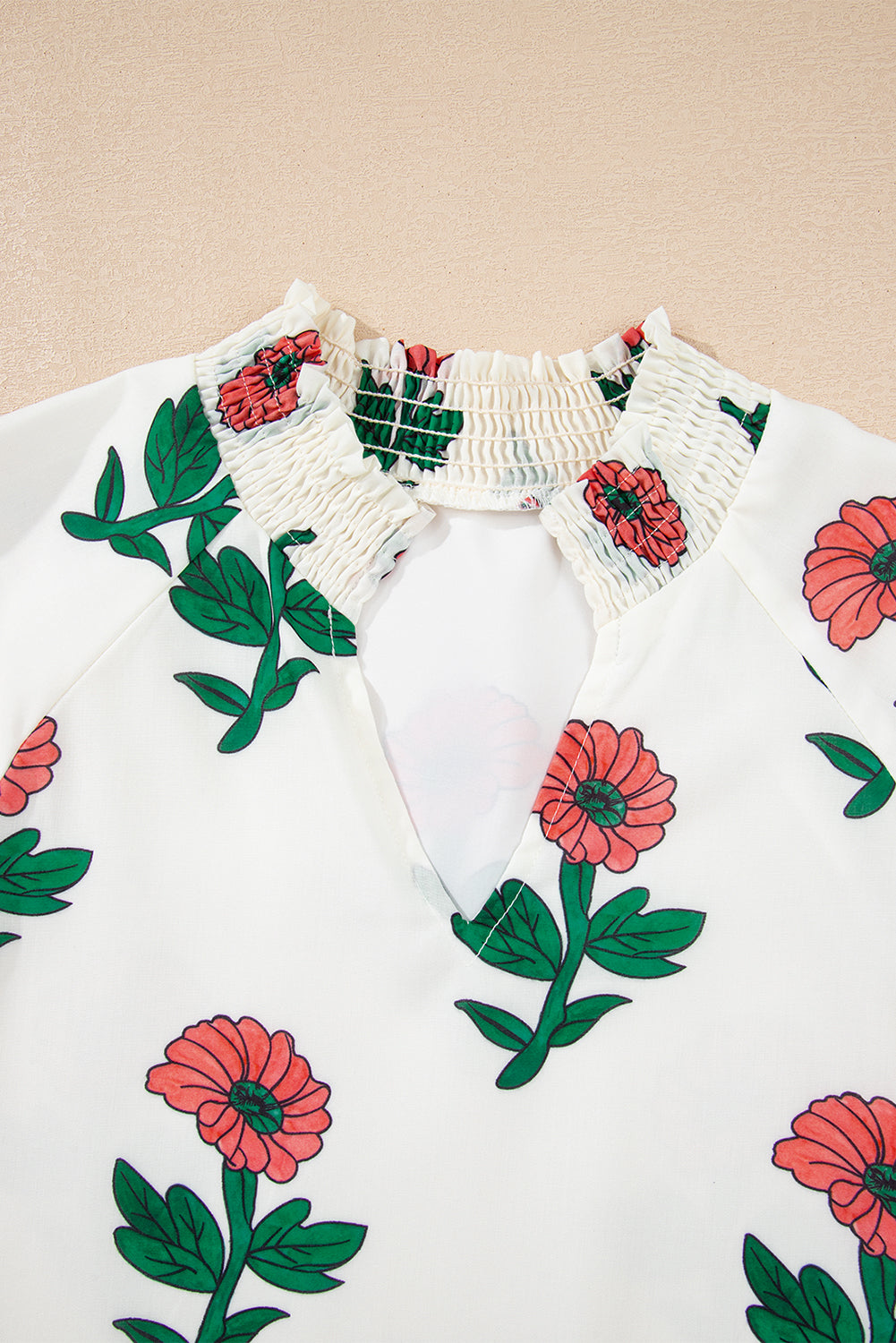 Floral Shirred Split Neck Blouse