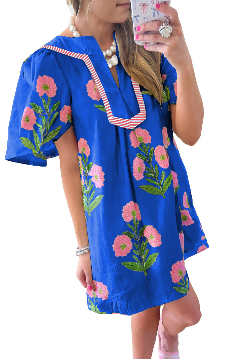 Floral Split Neck Mini Dress