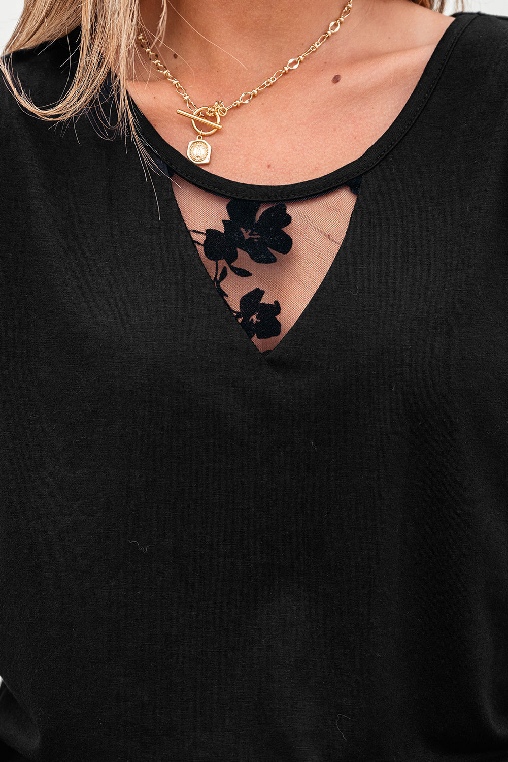 Floral Mesh Patchwork Puff Sleeve T-Shirt
