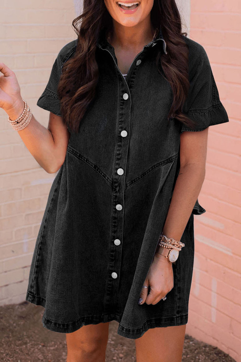 Denim Frilled Short Sleeve Dress