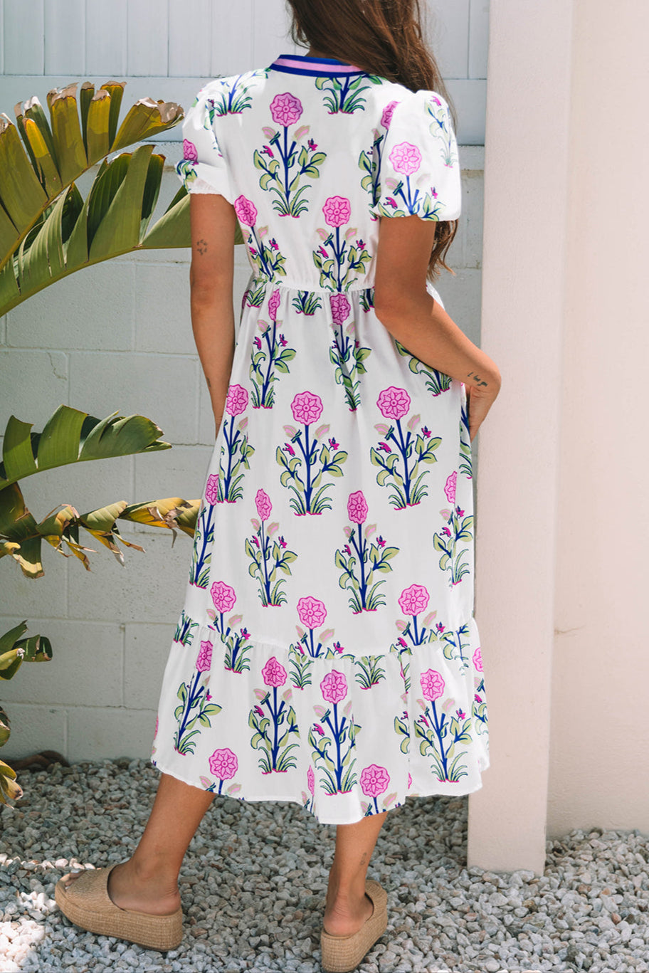 Floral Puff Sleeve V-Neck Midi Dress