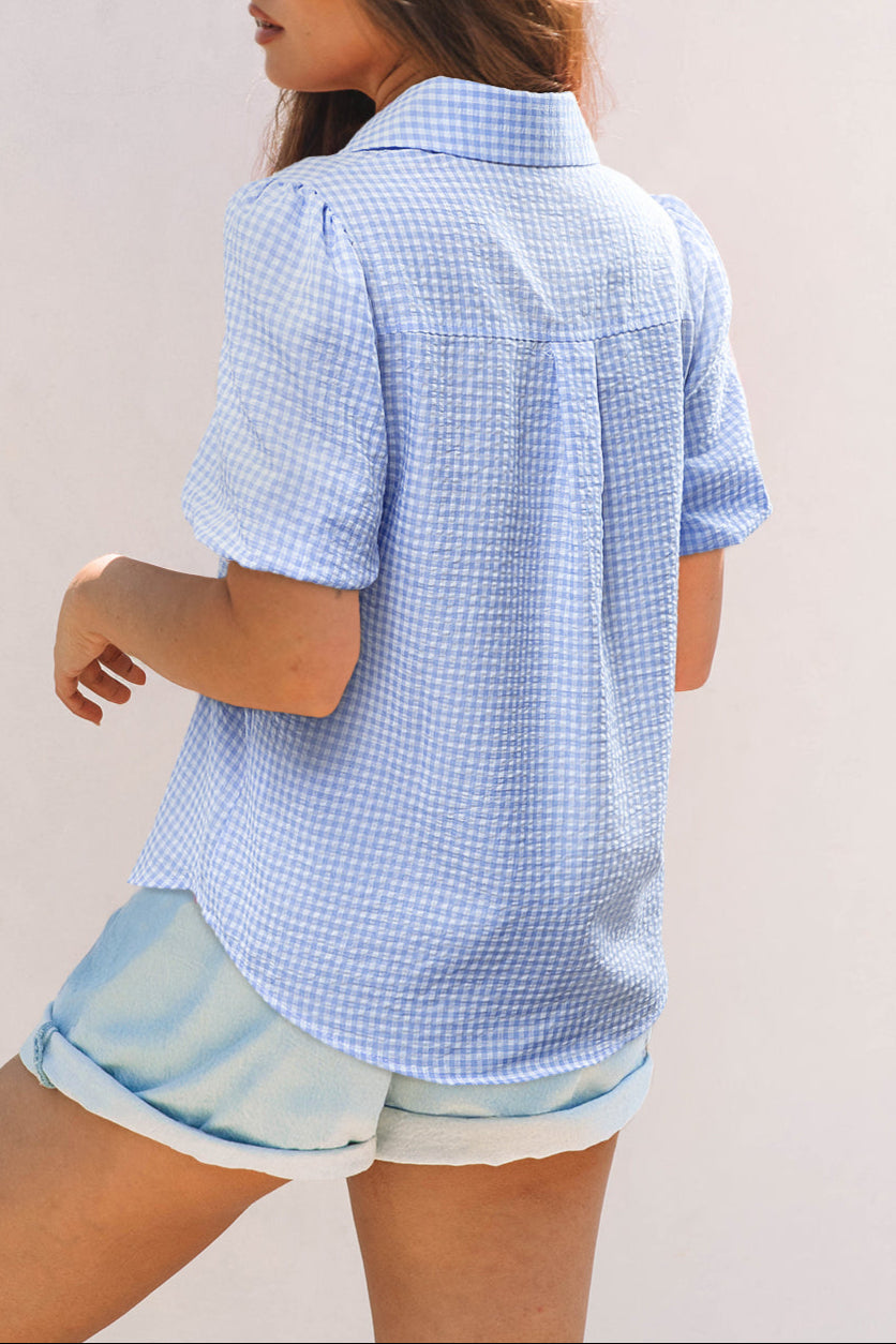 Gingham Puff Sleeve Buttoned Shirt