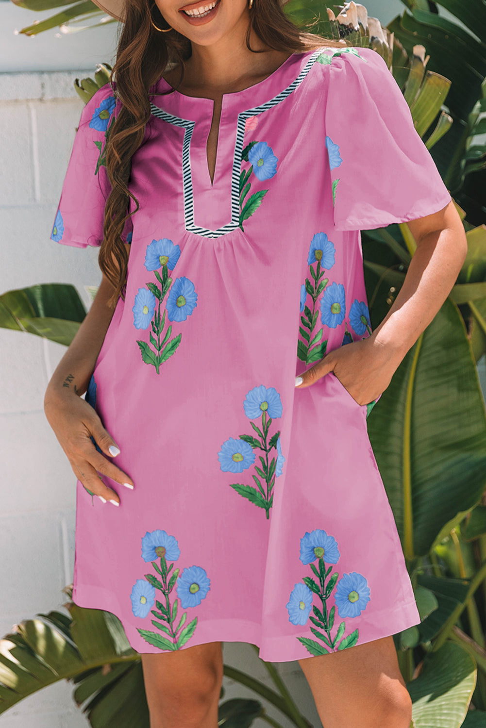 Floral Split Neck Mini Dress