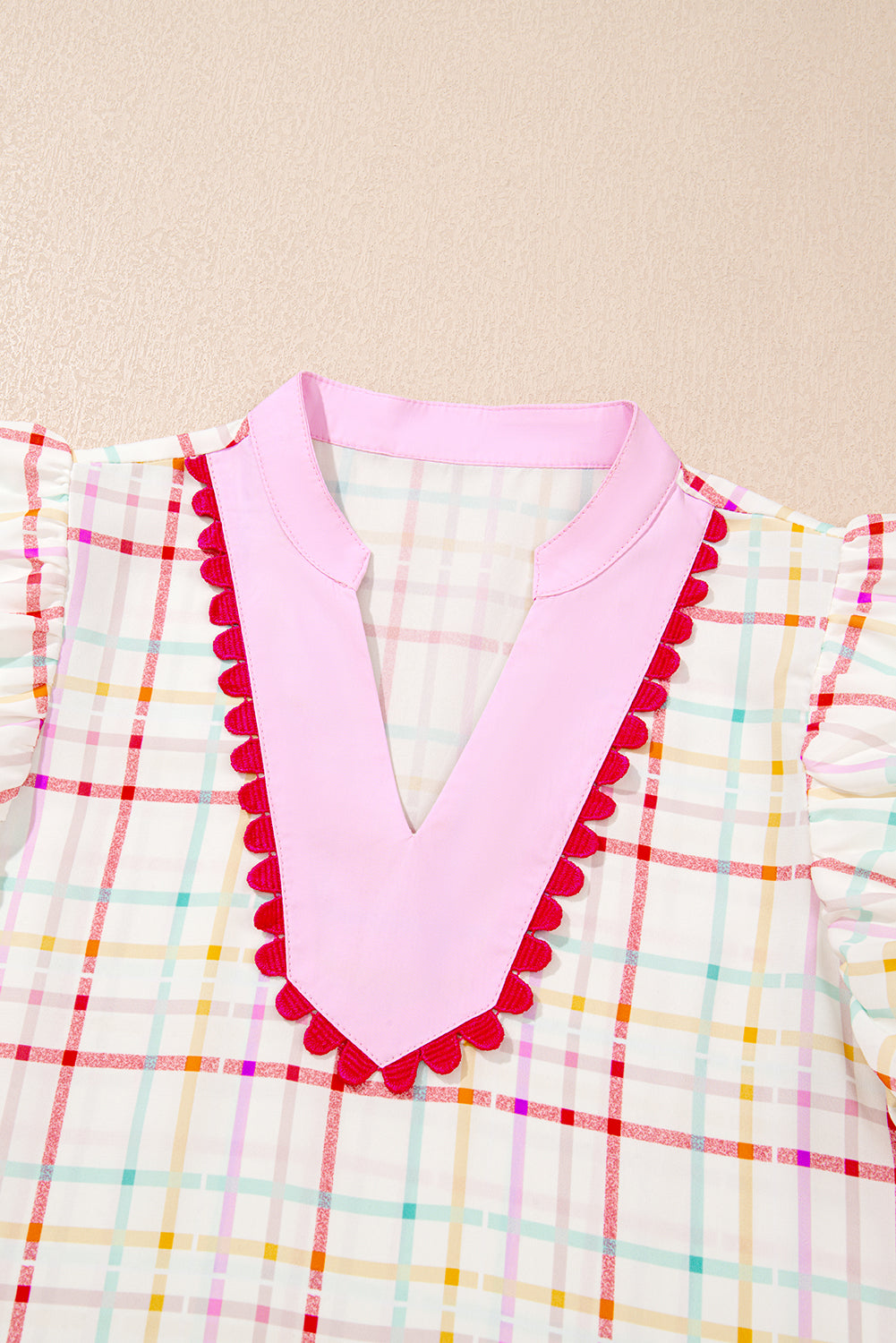 Plaid Colorblock Flutter Sleeve Blouse