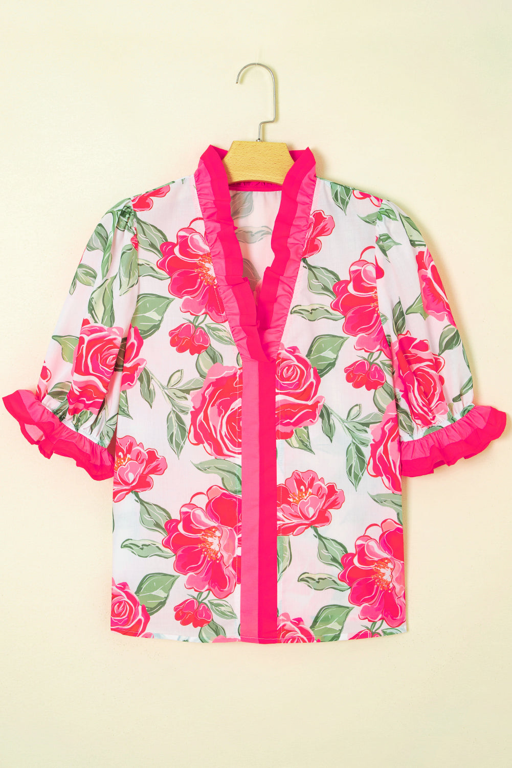 Floral Contrast Frilled V-Neck Blouse