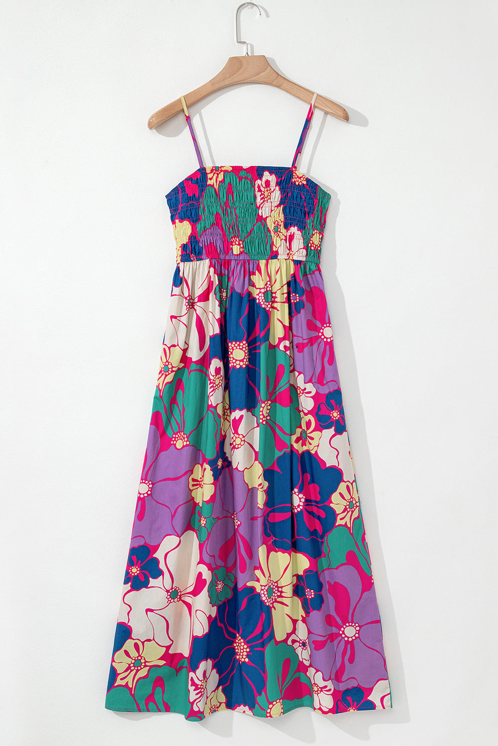 Floral Shirred Spaghetti Strap Maxi Dress