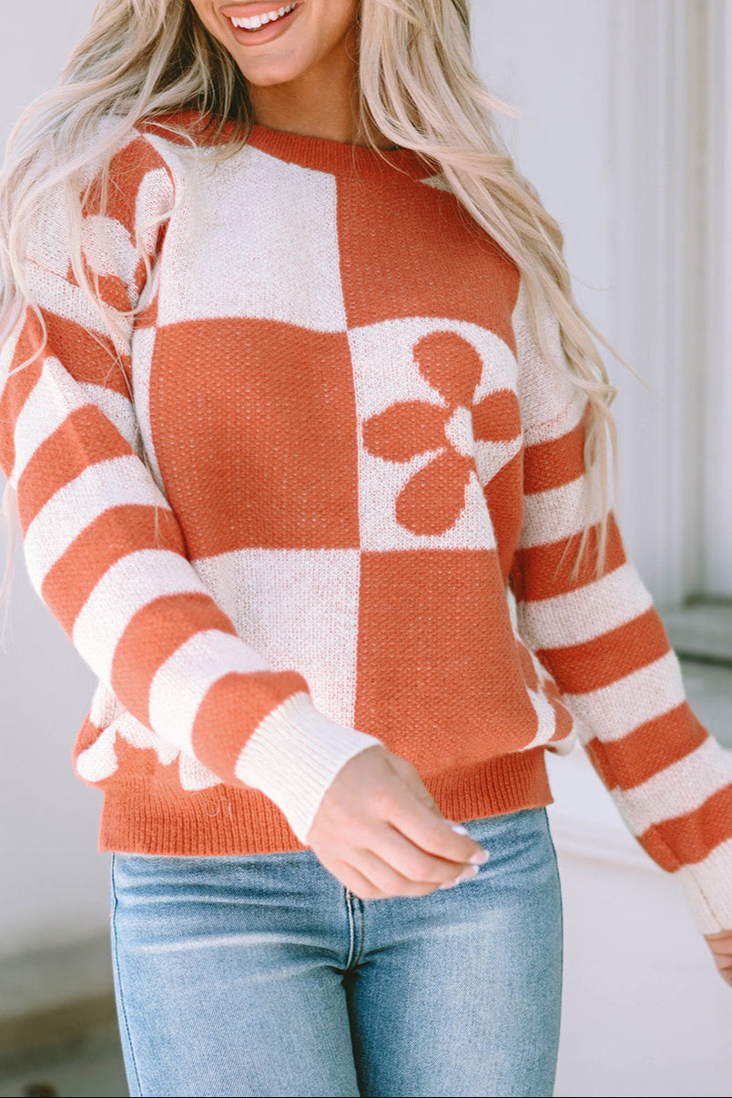 Checker Floral Stripe Patchwork Sweater