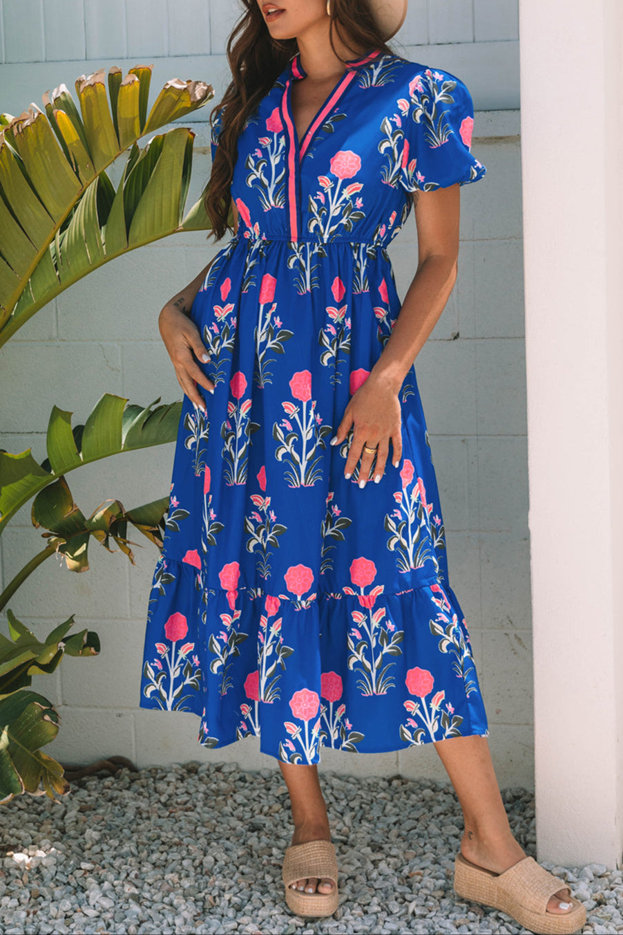 Floral Puff Sleeve V-Neck Midi Dress