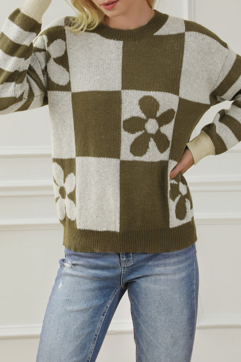 Checker Floral Stripe Patchwork Sweater