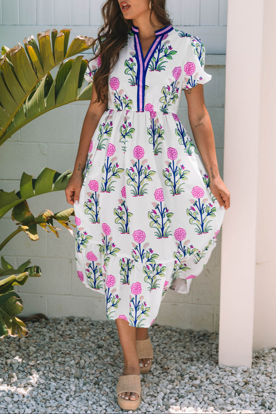 Floral Puff Sleeve V-Neck Midi Dress