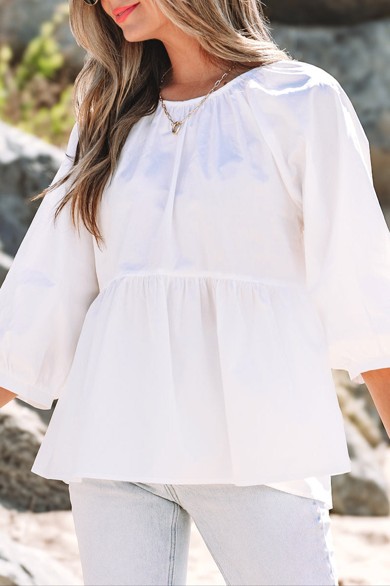 Bow Cutout Back 3/4 Sleeve Blouse