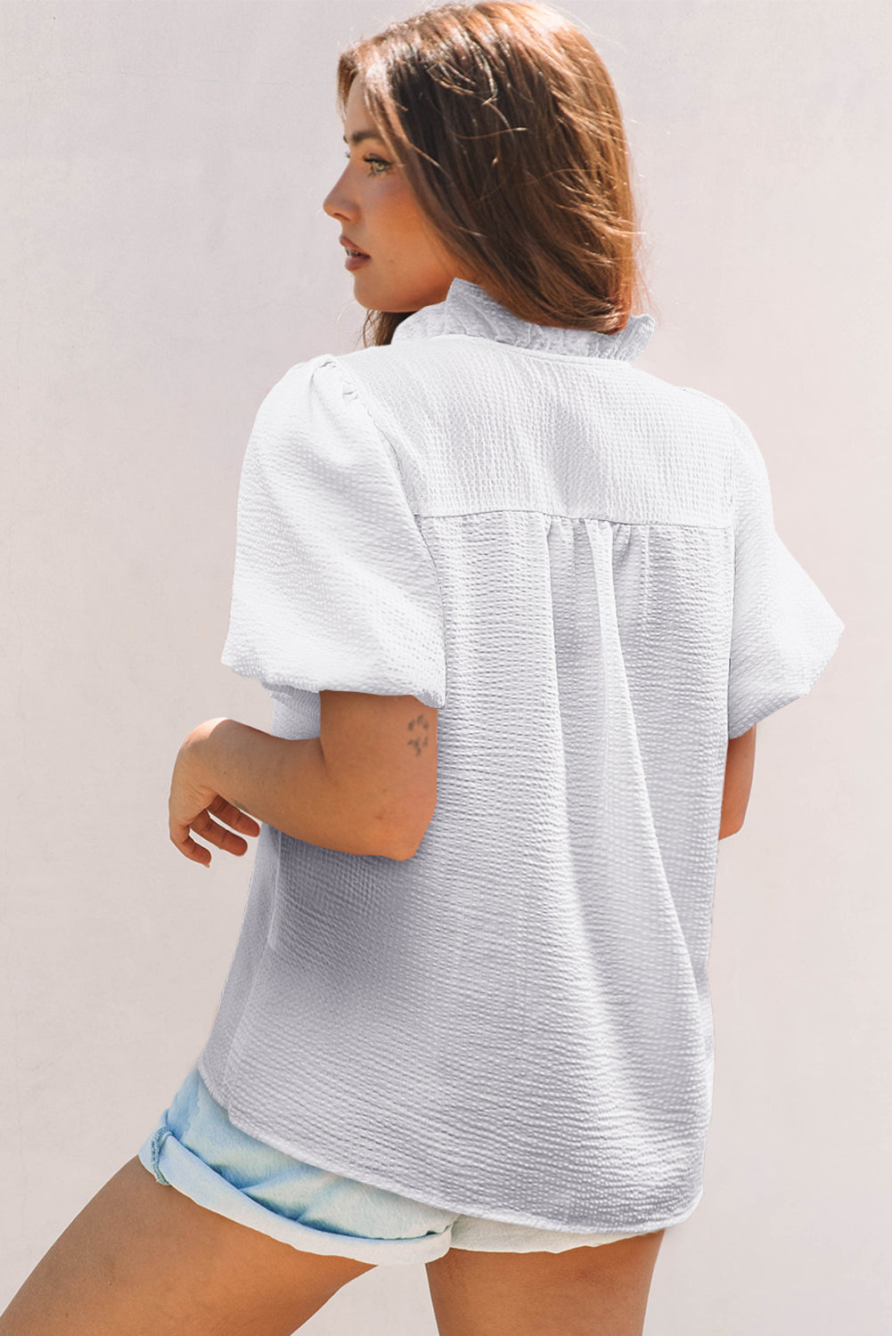 Stripe Ruffle Bubble Sleeve Shirt