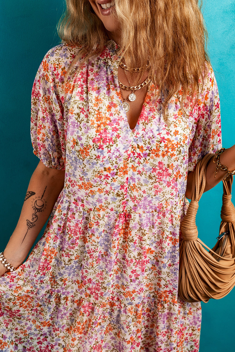Floral Frilled V-Neck Puff Sleeve Dress