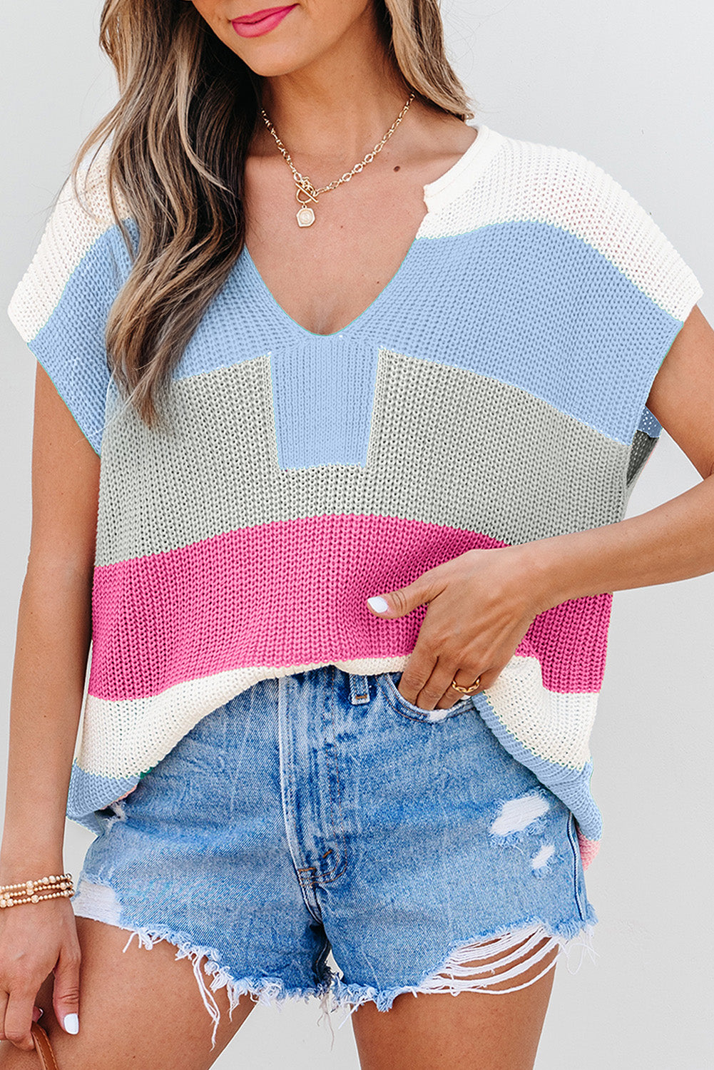 Colorblock Notched V-Neck Sweater T-Shirt