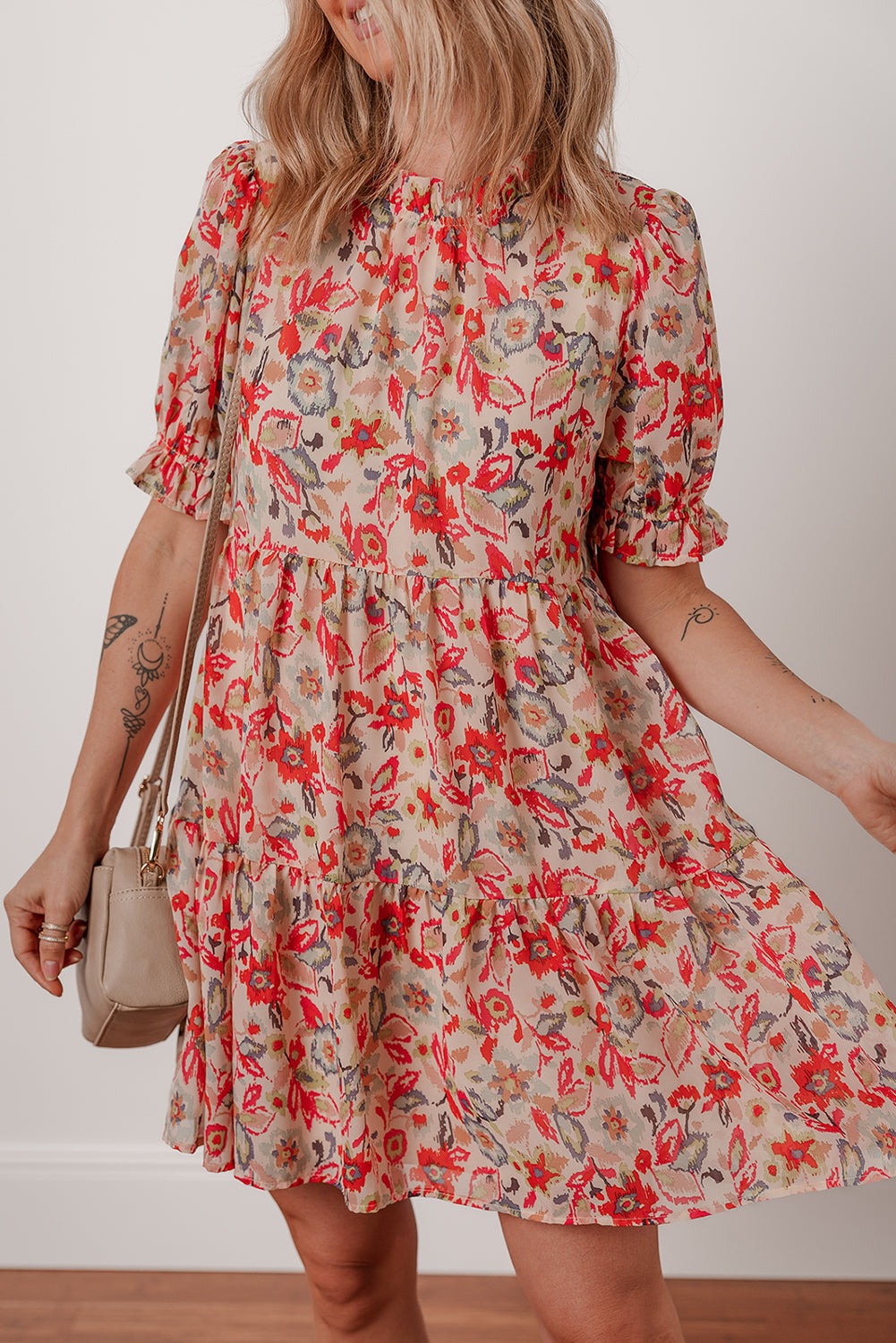 Floral Frilled Neck Mini Dress